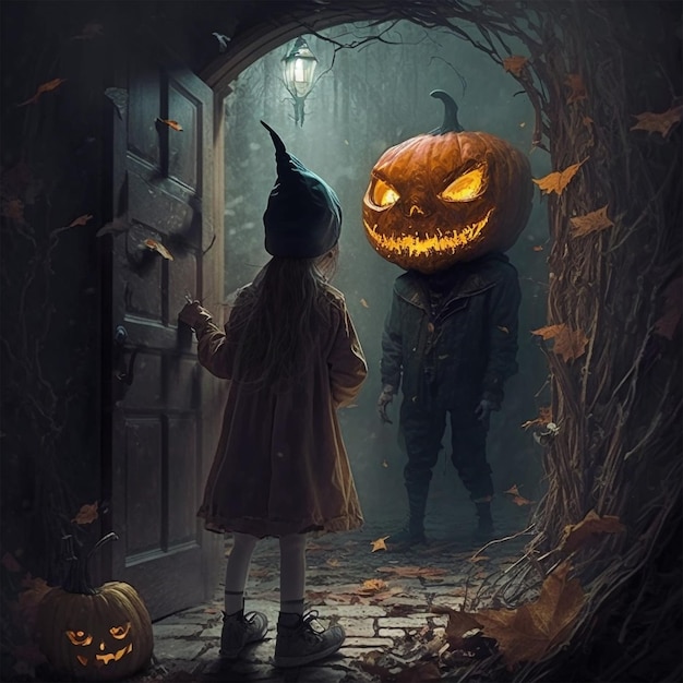 Photo A little girl in a hat stands in front of a Halloween pumpkin Scary Halloween background