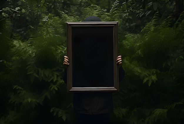 Photo little girl holding photo frame horror background in forest