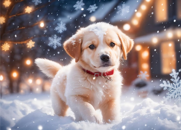 크리스마스 때 눈 속의 작은 강아지 사진