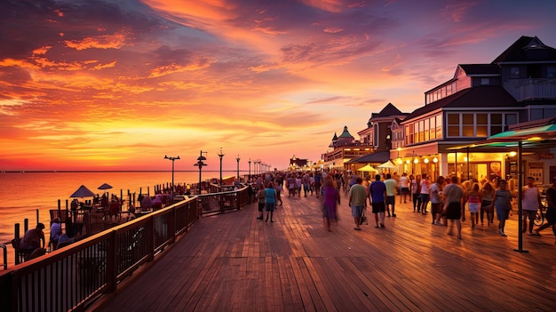 A photo of a lively beach boardwalk colorful shops