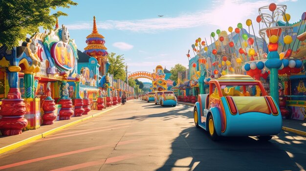 A photo of a lively carnival street colorful rides in the background