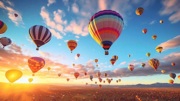 A photo of a lively gathering with hot air balloons