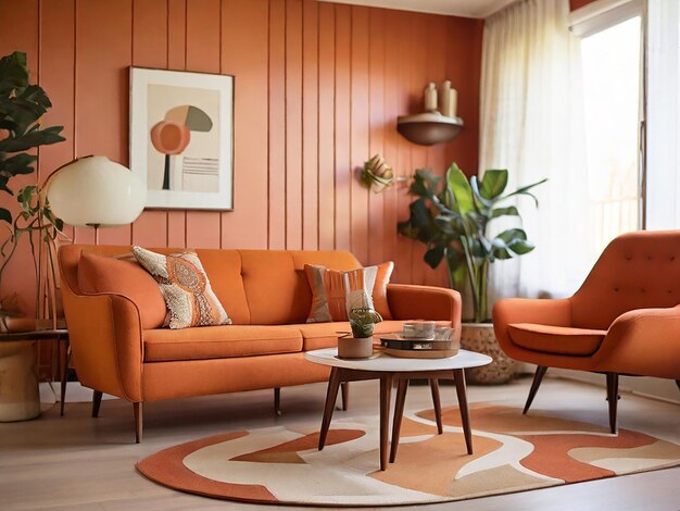 photo living room mid century style with warm colors