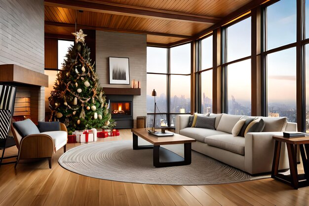 Photo living room with fireplace and christmas tree