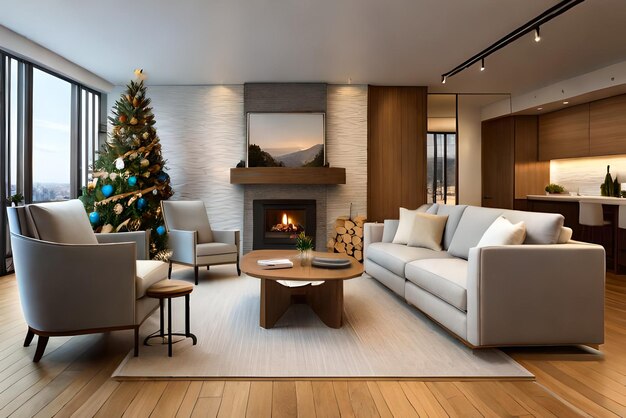 Photo photo living room with fireplace and christmas tree