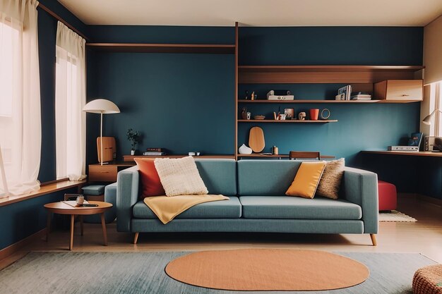 Photo a living room with a fireplace and a sofa with a tv on the wall