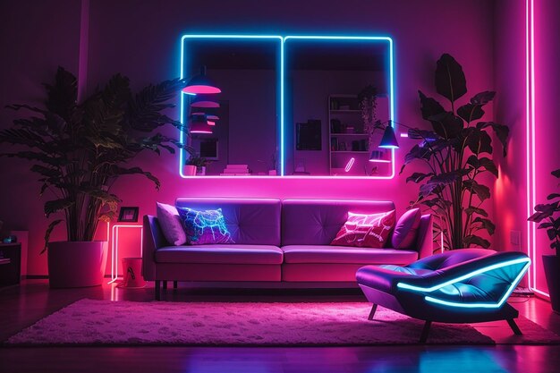 Photo of a living room with neon lights and a couch with a sign that says