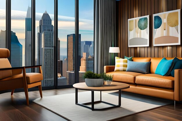 Photo a living room with a view of the mountains and the ocean