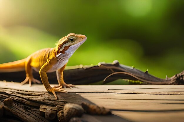 Photo a lizard standing on the wooden in the garden