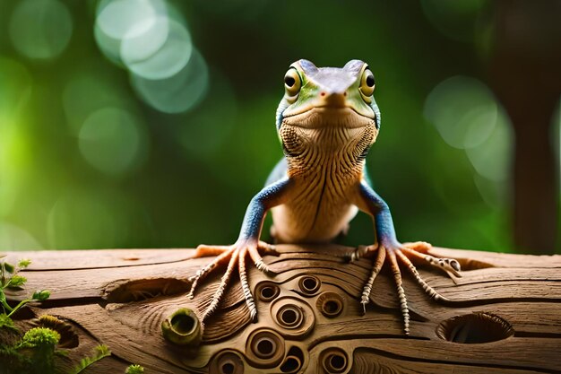 photo a lizard standing on the wooden in the garden