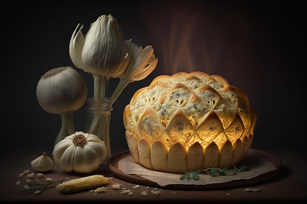 A photo of a loaf of garlic with the word garlic on it