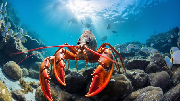 Photo of lobster with various fish between healthy coral reefs in the blue ocean