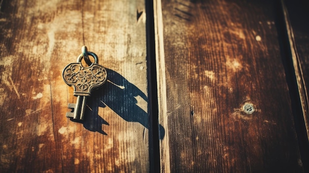 A photo of a lock and key wooden door backdrop