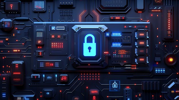 Photo photo of a locked with the cyber security digital circuit background design