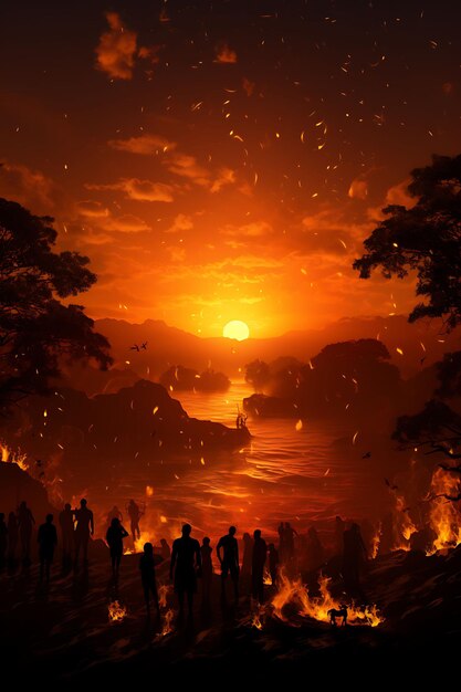 Photo of lohri bonfire scene with a golden and fiery sunset backdrop lohri india festival concept