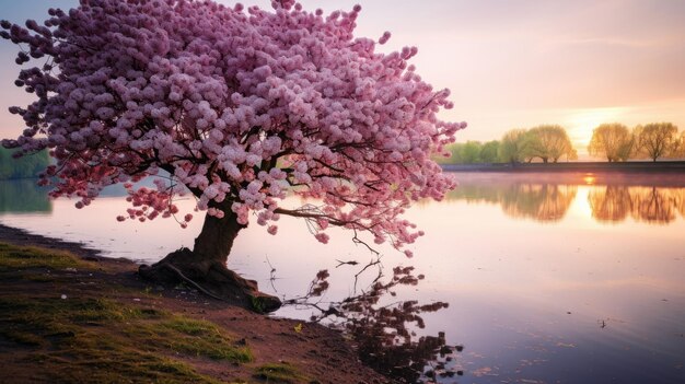 Фото одинокого дерева в цвете вишни на берегу реки мягкий вечерний свет