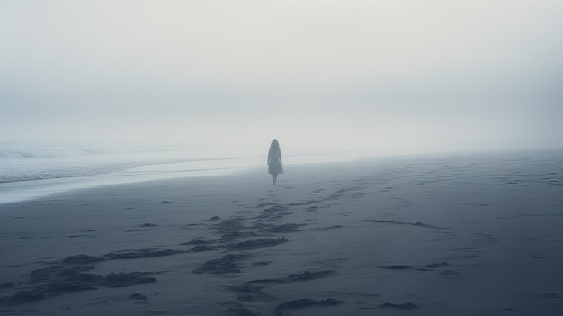 A photo of a lone figure on a foggy beach muted colors