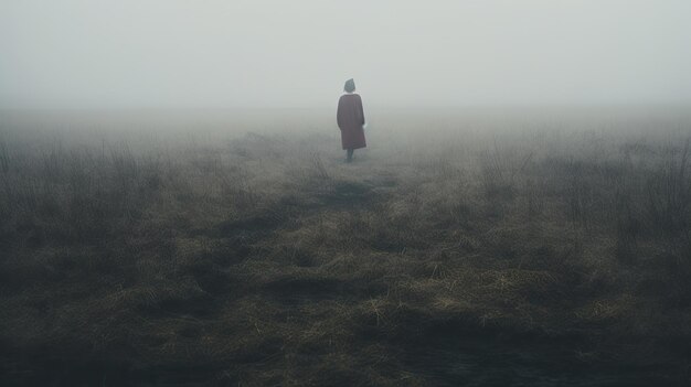 A photo of a lone figure walking through a foggy field desaturated colors