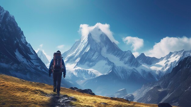 A photo of a lone hiker against a towering mountain