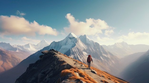 A photo of a lone hiker crossing a high mountain