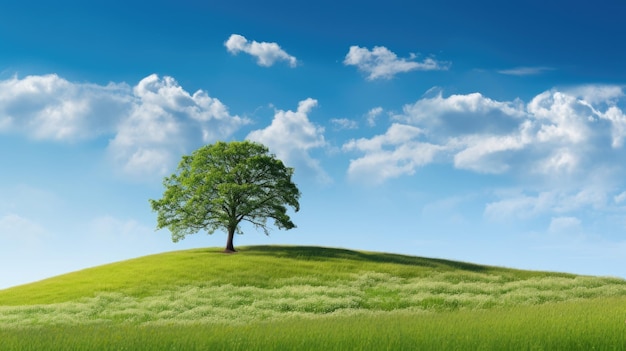 A photo of a lone tree on a hill against a clear blue sky bright sunlight