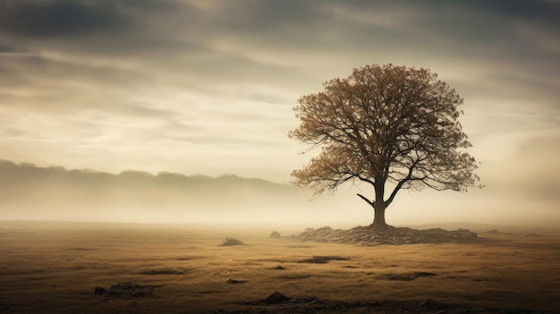 A photo of a lone tree in a misty field diffused light