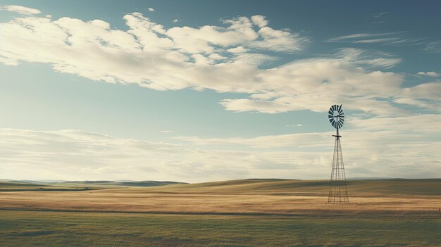 Photo a photo of a lone windmill in a field cloudy sky