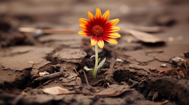 Foto un fiore solitario su un gambo sottile si è fatto strada nel deserto secco e screpolato