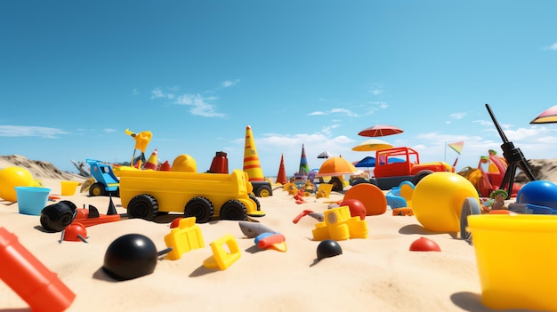 Фото много пляжных игрушек на жарком летнем пляже, созданное ИИ