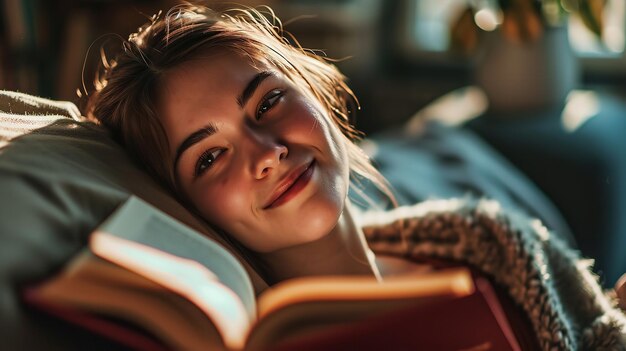 Foto una foto di una donna adorabile che legge libri nella sua stanza di casa. ai generativa