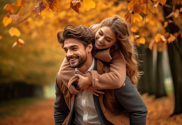 Photo of loving beautiful couple in autumn park nature