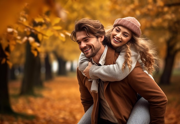 Photo of loving beautiful couple in autumn park nature