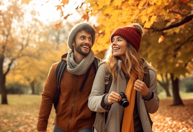 Photo of loving beautiful couple in autumn park nature