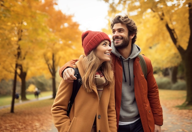 Photo of loving beautiful couple in autumn park nature