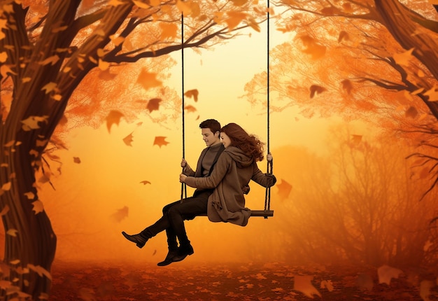 Photo of loving beautiful couple in autumn park nature