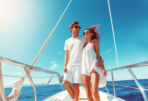 Photo of loving newly married couple on yacht and sea nature