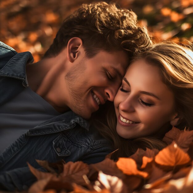 photo of a loving young couple lying on autumn leaves photorealistic cinematic colorful