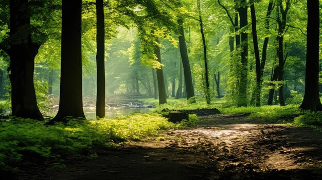 A photo of a lush green forest sunlight filtering through the leaves