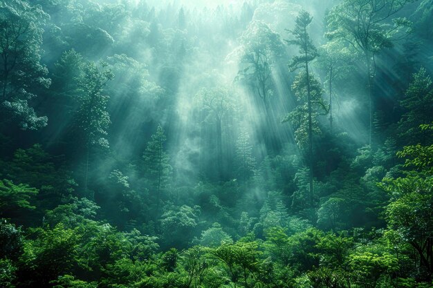 A photo of a lush green forest with its trees reaching up to the sky