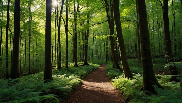 A photo of a lush green forest with a path leading through it