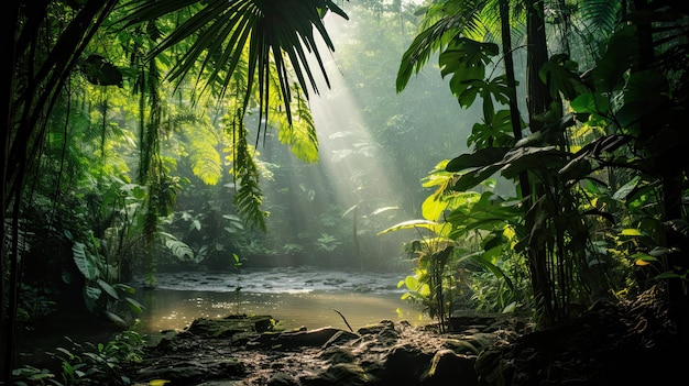 울창 한 열대 정글 의 빛 이 옥상 을 가로질러 필터링 하는 사진