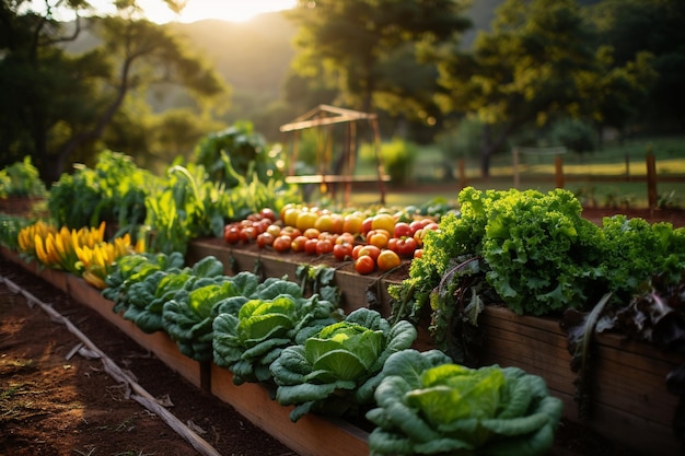 photo of a lush vegetable garden with rows of vegetables