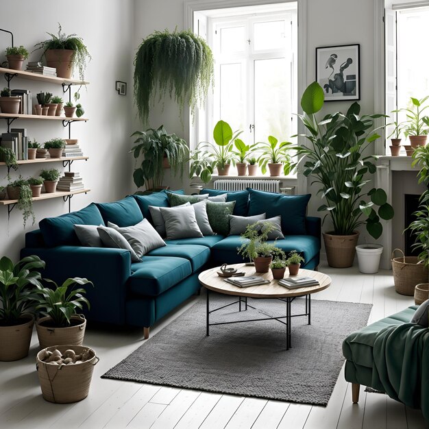 Photo of a lush and vibrant living room filled with a variety of green plants AI