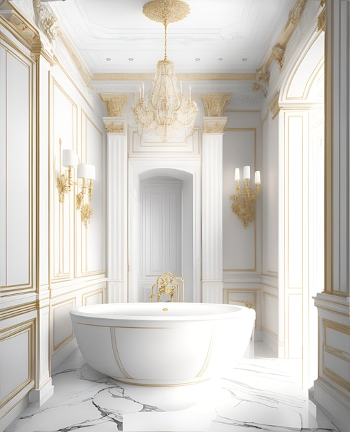 Photo of a luxurious bathroom with a white bathtub and elegant chandelier