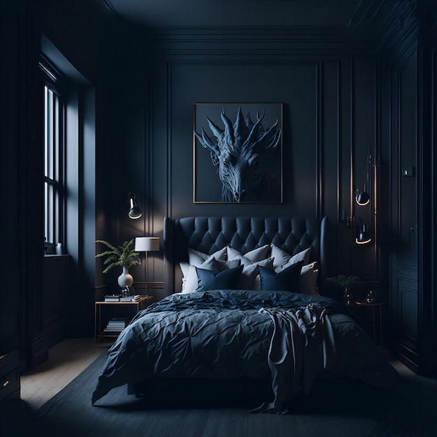 Photo of a luxurious bedroom with a grand dark bed and bold walls