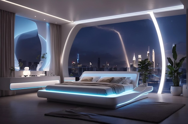 Photo of a luxurious bedroom with a panoramic view of the city