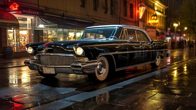 A Photo of a Luxurious Black Limousine on a Night Street
