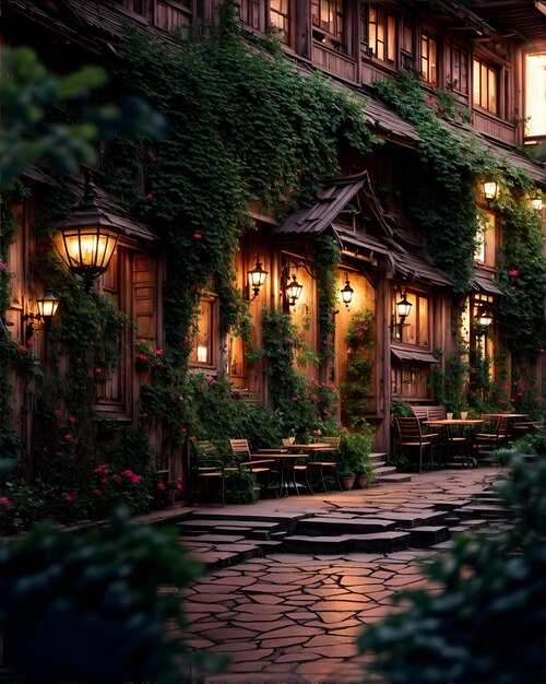 Photo of a luxurious building covered in lush greenery