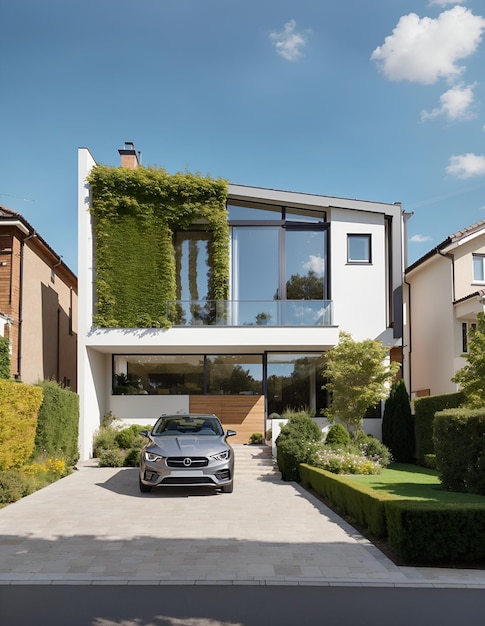 Photo of a luxurious car parked in front of a stunning house