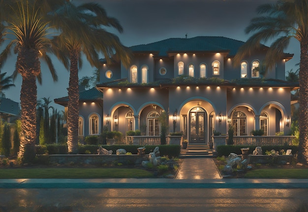 Photo of a luxurious house with beautiful palm trees in the front yard